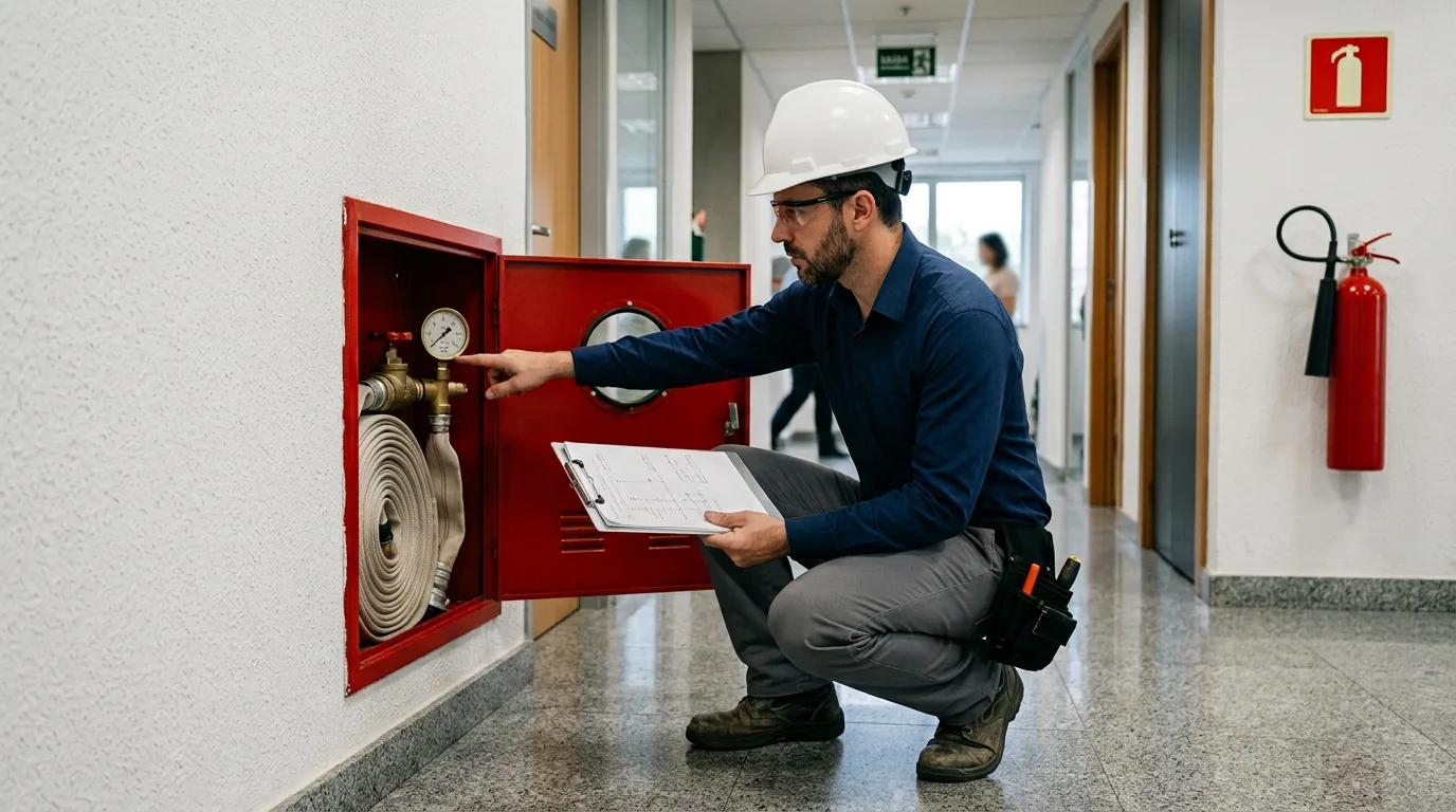 Engenheiro responsável técnico confere o manômetro do hidrante de parede de um prédio comercial