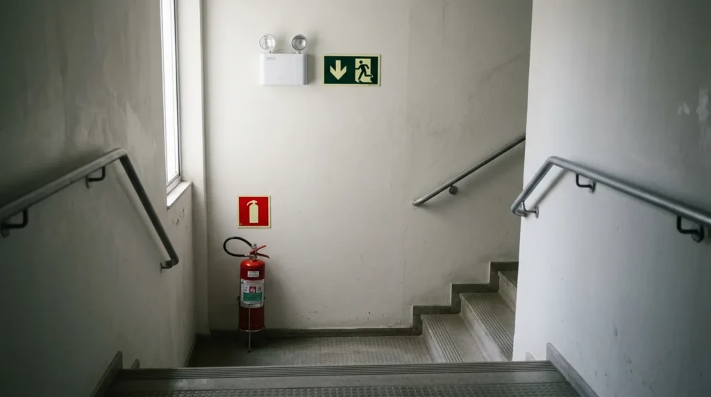 Escada de emergência com luminária, sinalização de rota de fuga, corrimão e extintor