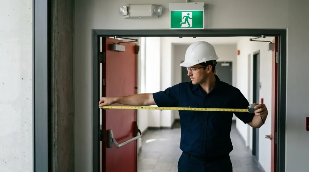 Engenheiro mede com trena a largura de uma saída de emergência em prédio comercial